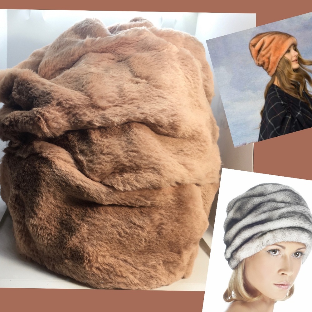 Genuine rabbit fur hat in peach color